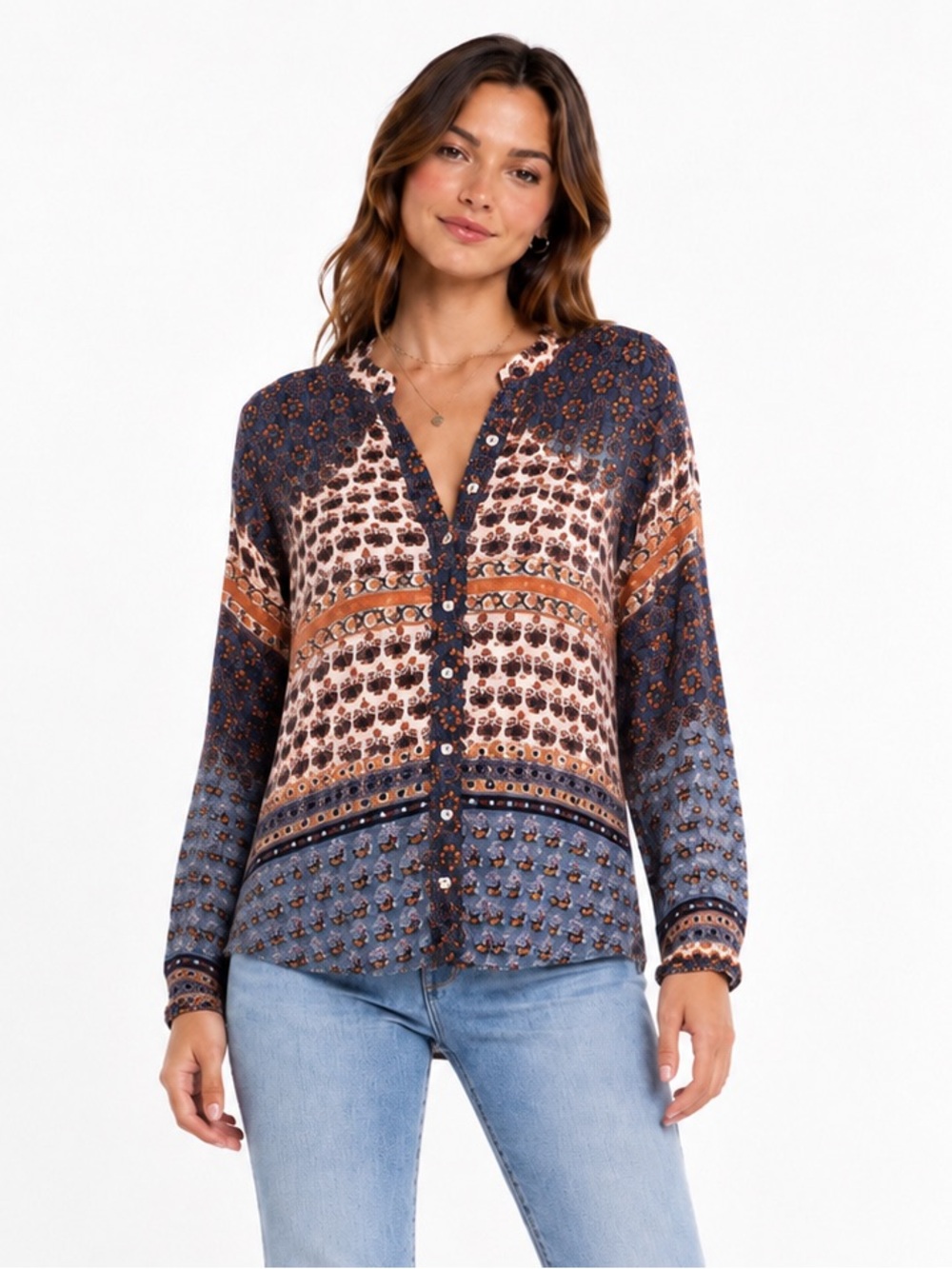 Free People Boho Printed Button Front Tunic Top Peasant Blouse M cottagecore